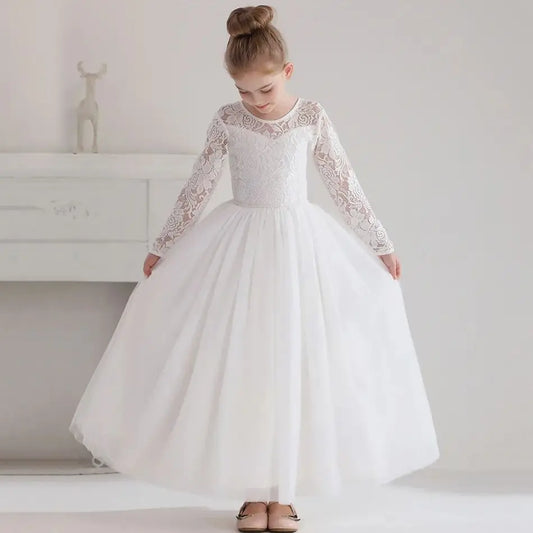 Elegant White Long Sleeve Lace Flower Girl Embroidered Princess Dress