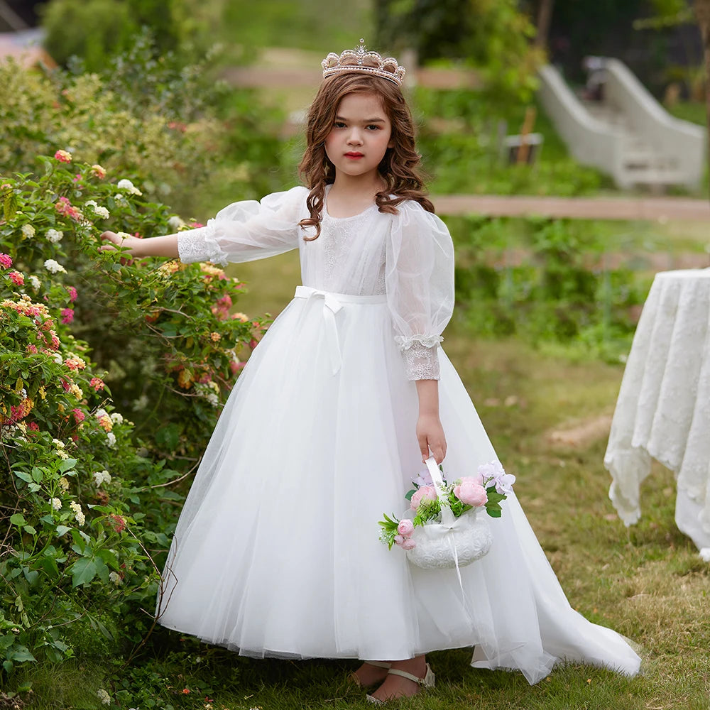 Summer Flower Girls Dress Bow Long Sleeve Wedding Ball Gown Child Host White Dress