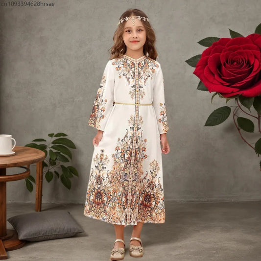 Girl's Arabian Turkish Dubai Robe Girls Long Dresses Gowns Printed Dresses