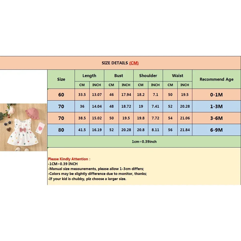 Newborn Baby Girl Sweet Cotton Dress Sleeveless Love Pattern Dress+Hat
