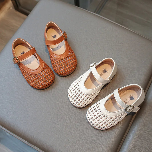 Kids Summer Breathable Woven Flats Shoes Hollow Out Princess Shoes