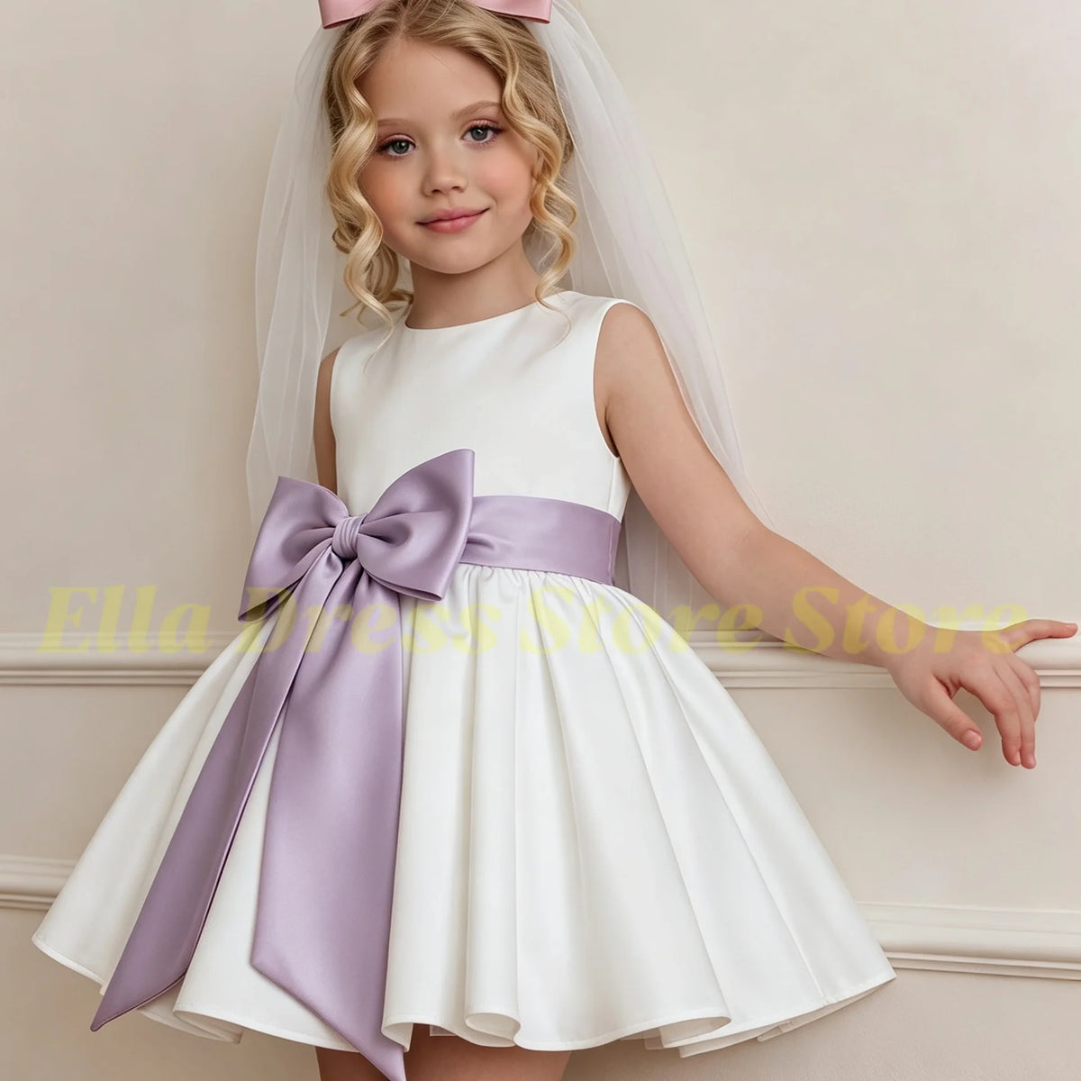 Wholesale Baby Flower Girl Dress with Bows Children Birthday Tribute Silk Satin Formal Vestidos Black Pink Kids Sleeveless Dress