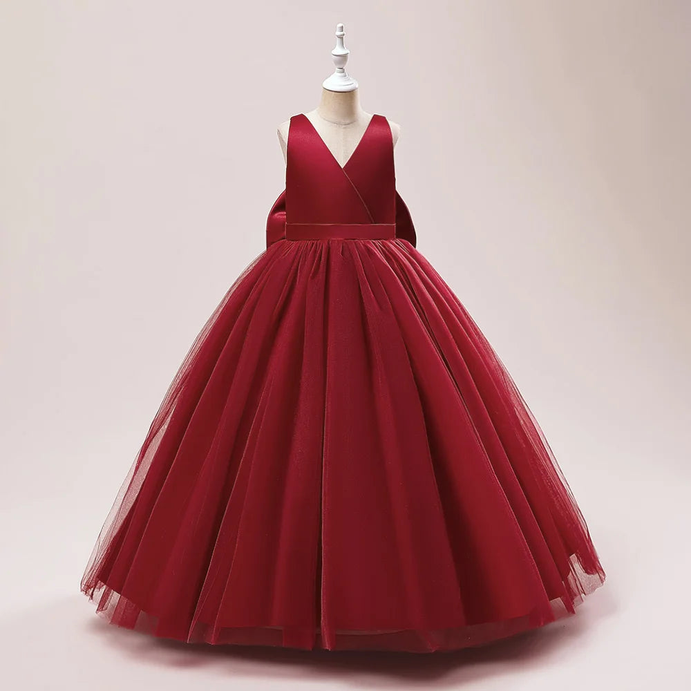 Girl Long White Bridesmaid Dresses For Wedding Prom Gown Big Bow Girls Party Dress