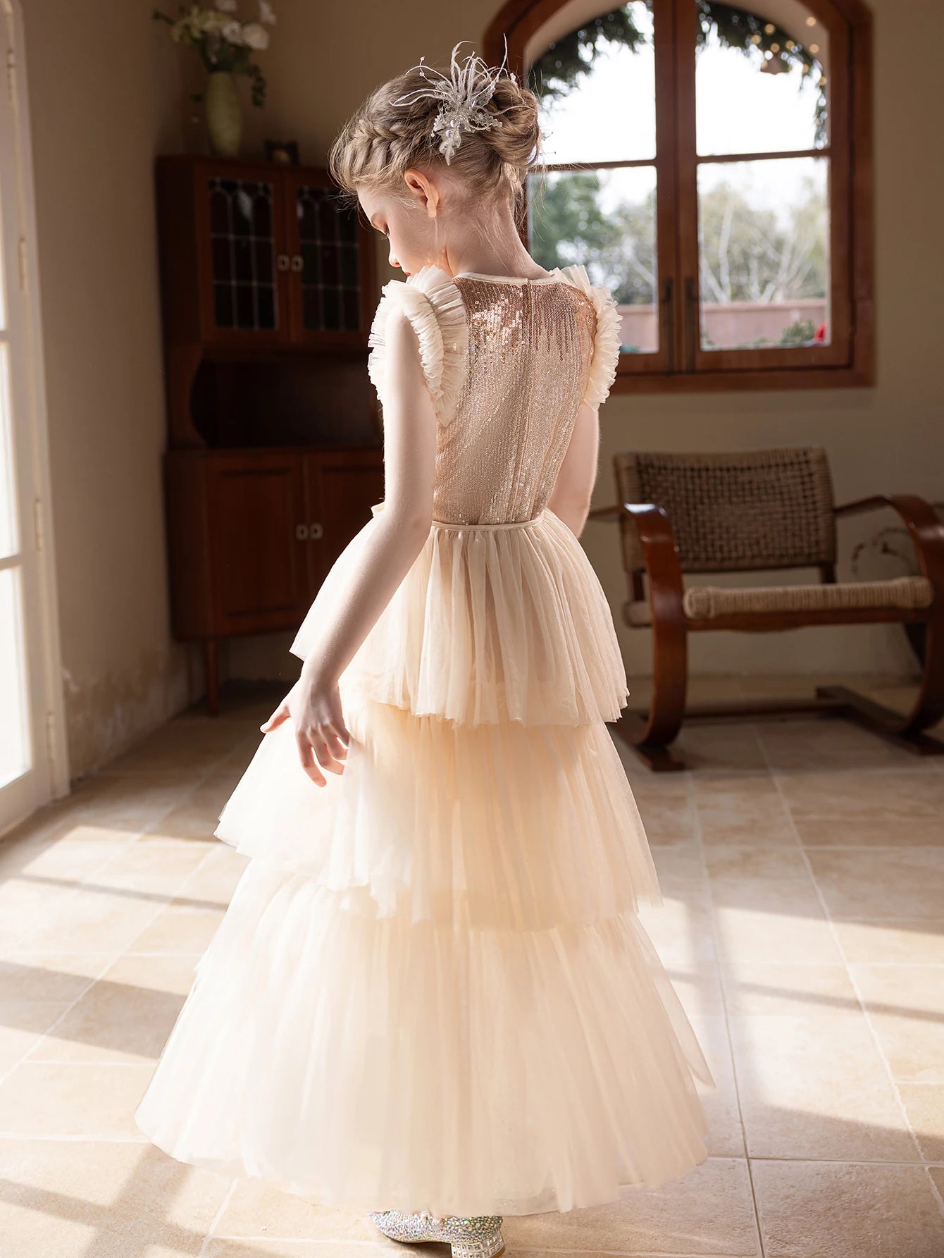 Girl party dress champagne-colored high-end dress set for birthday wedding Dress