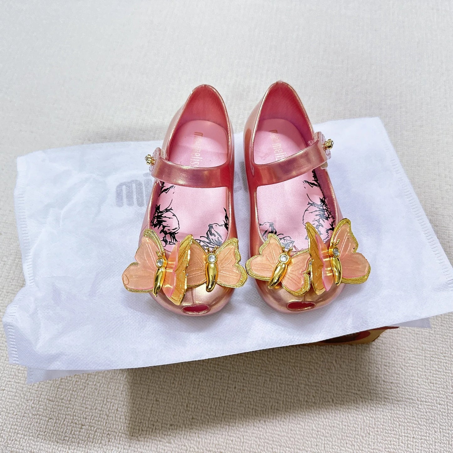Children's Fashion Shoes Pink Metal Sequins Three-dimensional Butterfly Rhinestone Jelly Girls' Beach Sandals Trendy Shoes