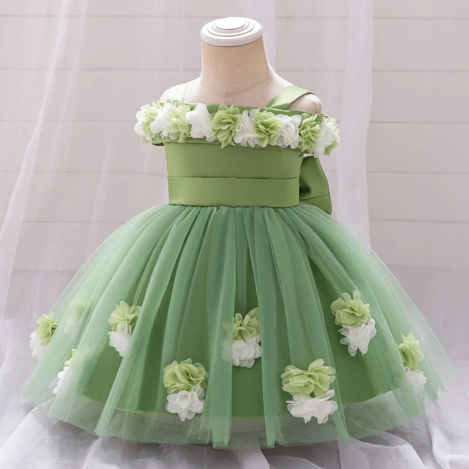 New Baby Girls 1st Princess Dress Infant Three-dimensional Flower One-word Shoulder Mesh Dress Baby Girl Performance Dress ASQ03