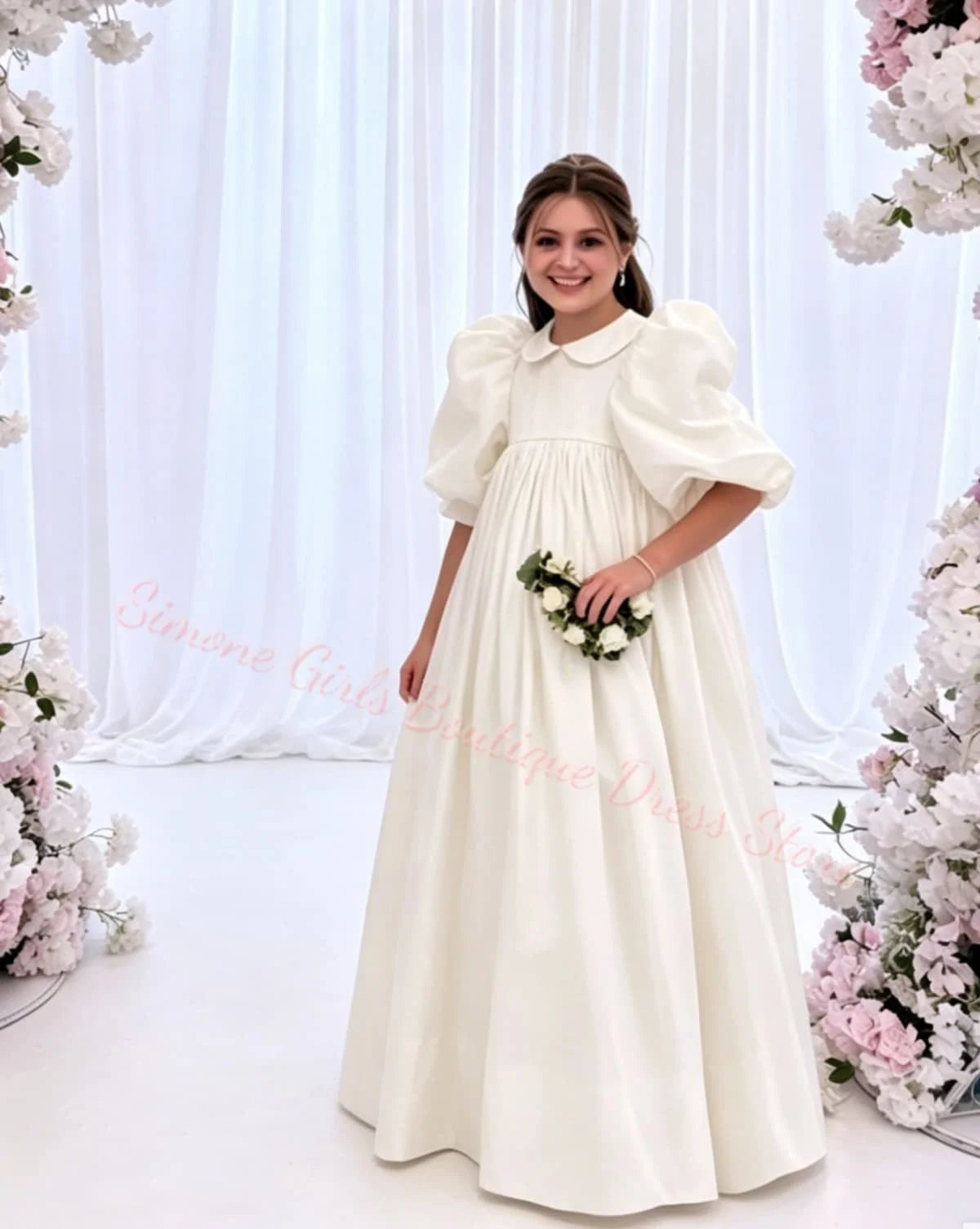 Girl Gown Elegant Princess Draped Flower Girl Dress for Wedding Party Neck High Waist Balloon Sleeve Holy Communion Dress Custom