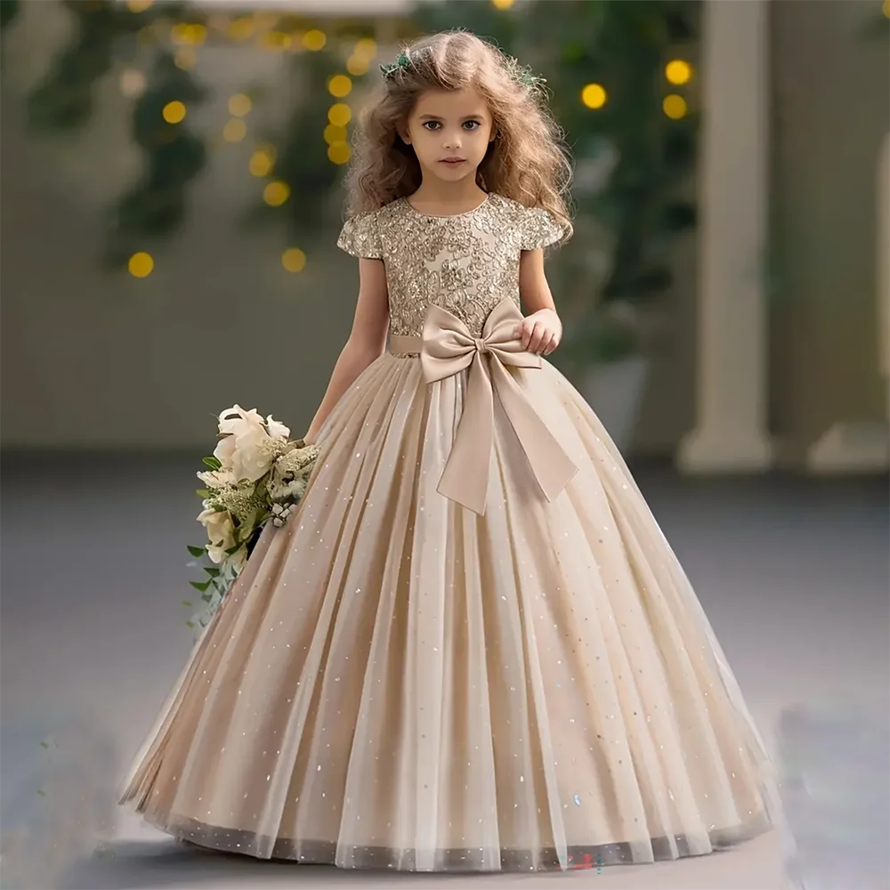 Girls Flower Embroidery Party Dress Kids Big Bow Long Wedding Bridesmaid