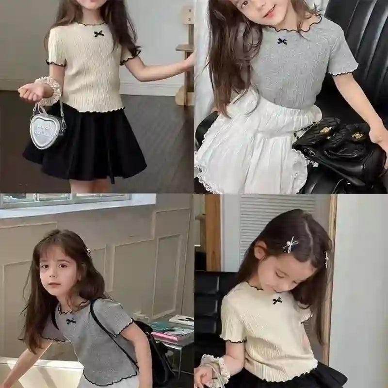 Girls Ruched Top - Rachel Lace-Trimmed Short Sleeve
