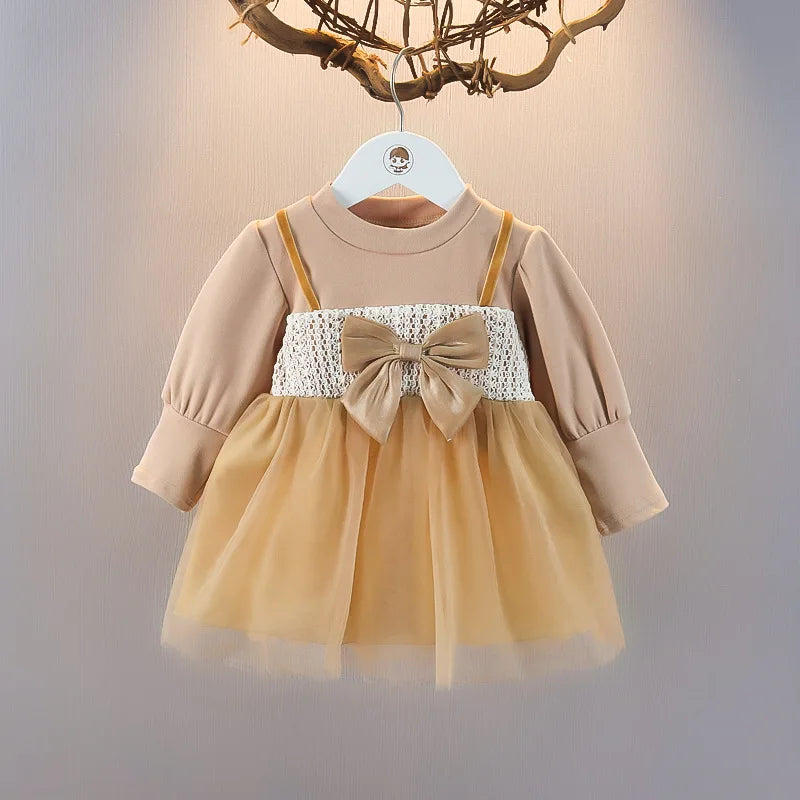 Elegant Baby Girl's Dress Spring Autumn Long Sleeved Princess Style Birthday Party Clothes Sweet Big Bow Lace Children's Dress