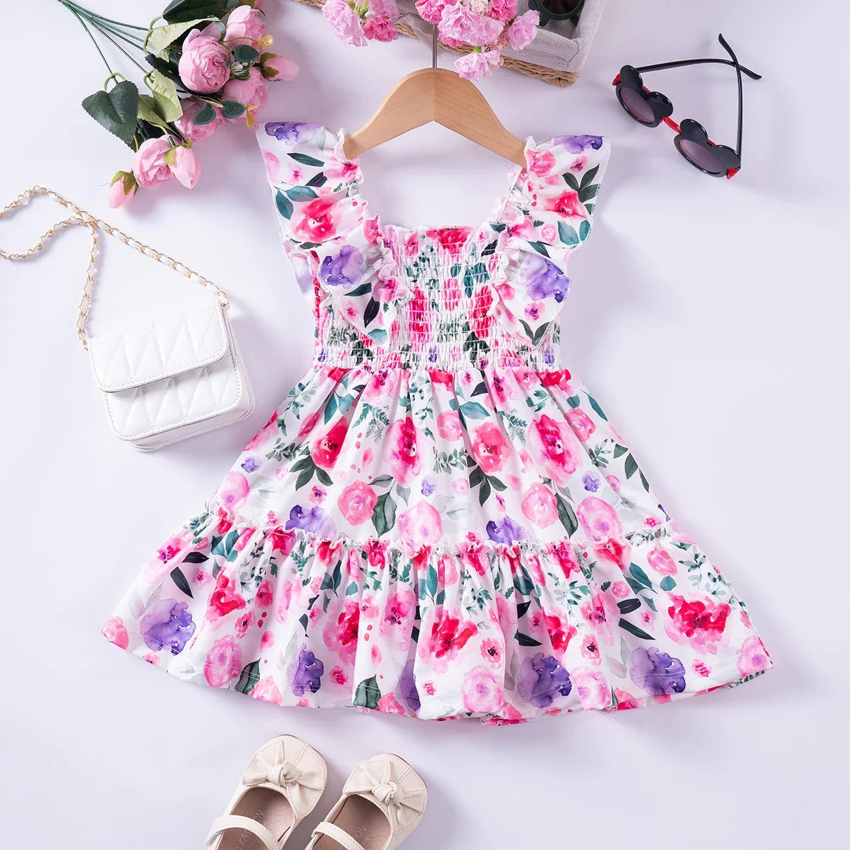 Summer Girls New Flying Sleeve Dress Floral Print Skirt