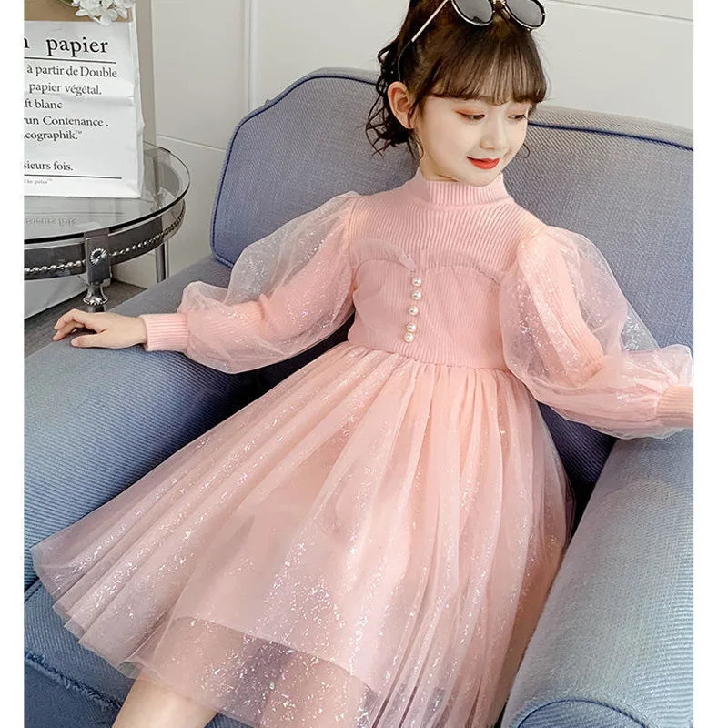 2026 spring  Teens Girls white Cloth long sleeve party knitted mesh lace layered  dress