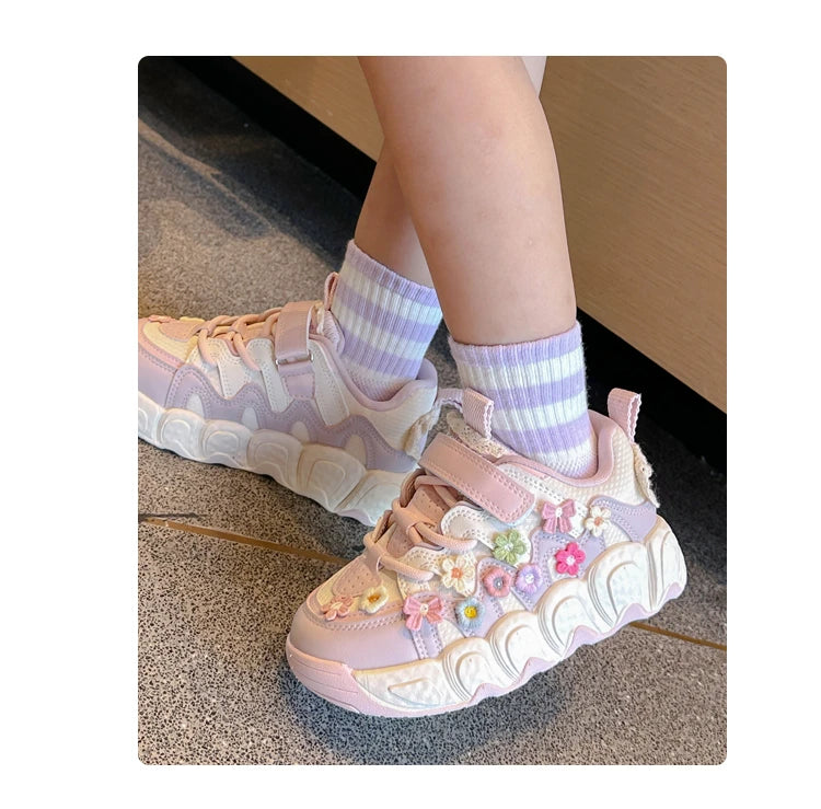 Fashion Leather Sneakers for Girls Children Casual Sports Shoes Floral Pattern Shoes for Kids Comfortable Walking Shoes