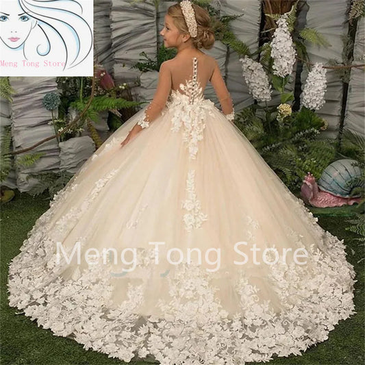 Elegance Flower Girl Dress Three Quartersleeve Appliqué Children Wedding Party Dress
