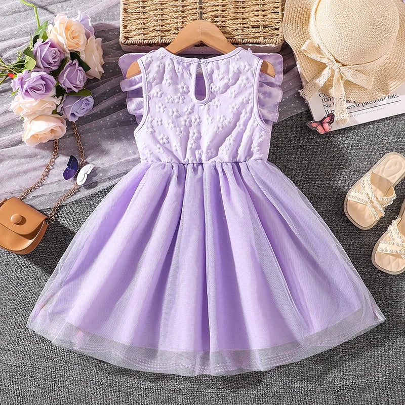 Dress For Girls Yellow O-Neck Fly-Sleeve Tulle Bowknot