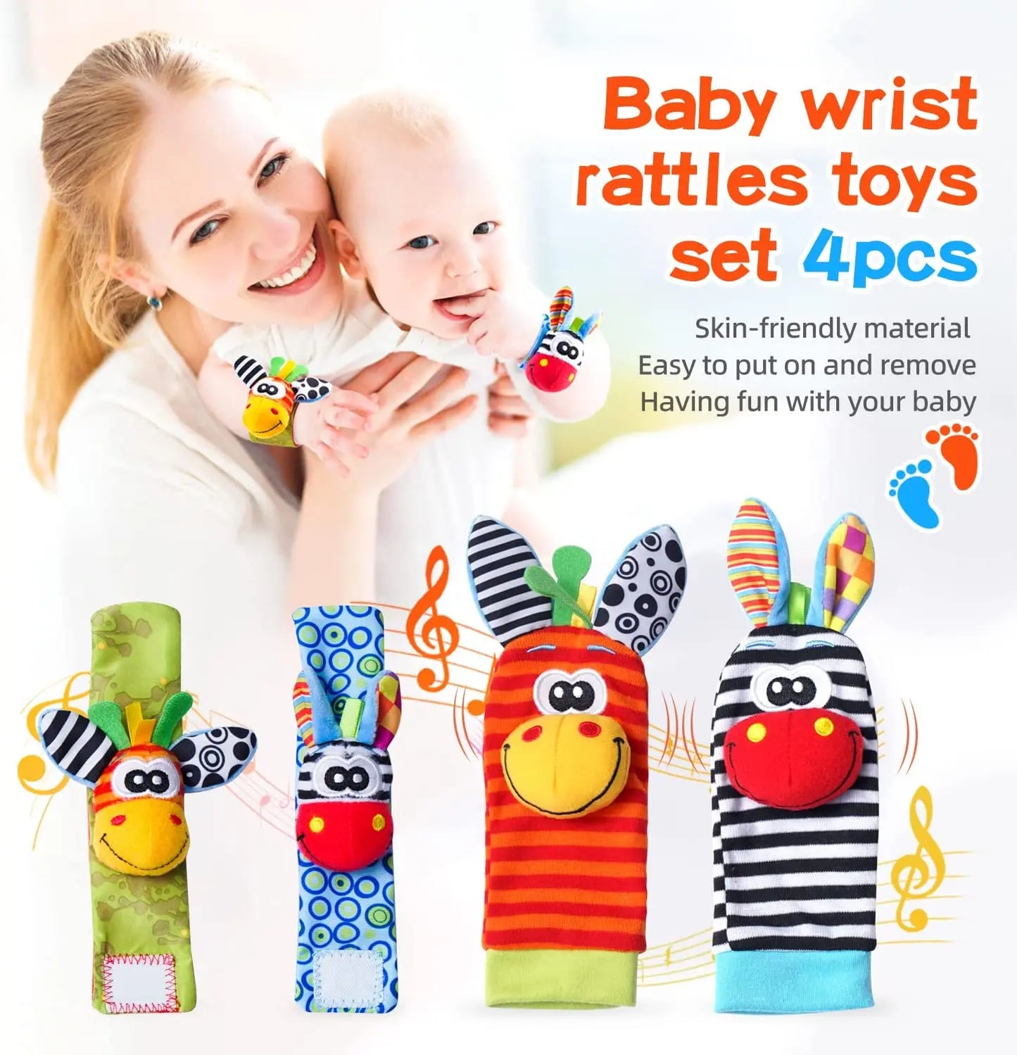 Baby Wrist Rattles Socks Newborn Animal Socks Infants Foot Finder 0-12 Months