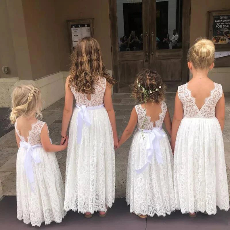 Girls Fashion Open Back Princess Dress 3-12 Years Old New Mesh Lace Long Dress