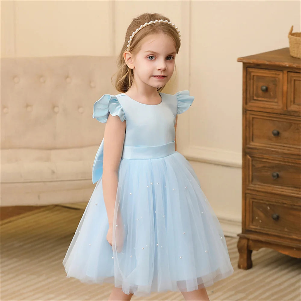 Toddler Girl Flower Birthday Tulle Dress Backless Bow Wedding Party Dress