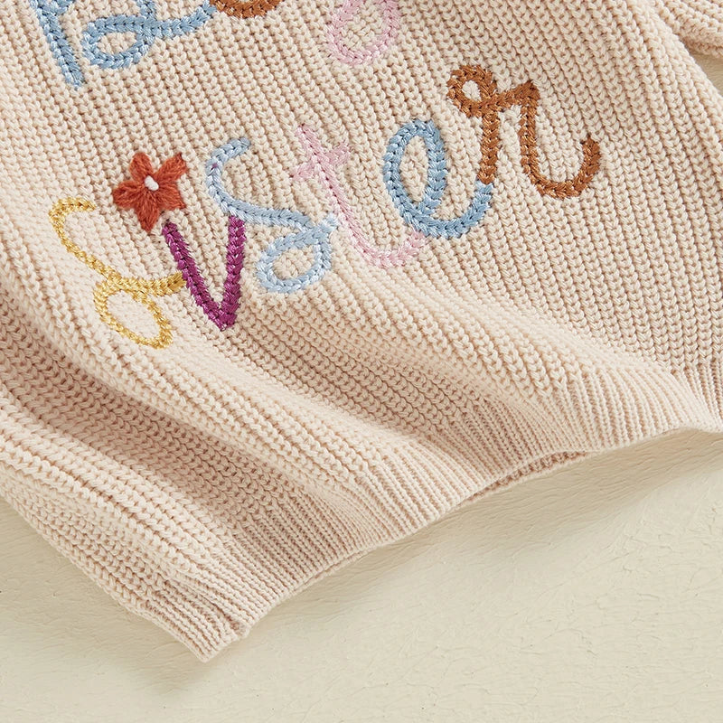 Nahiomy Girls Big Sister Fall Winter Sweater Casual Letter Flower Embroidery