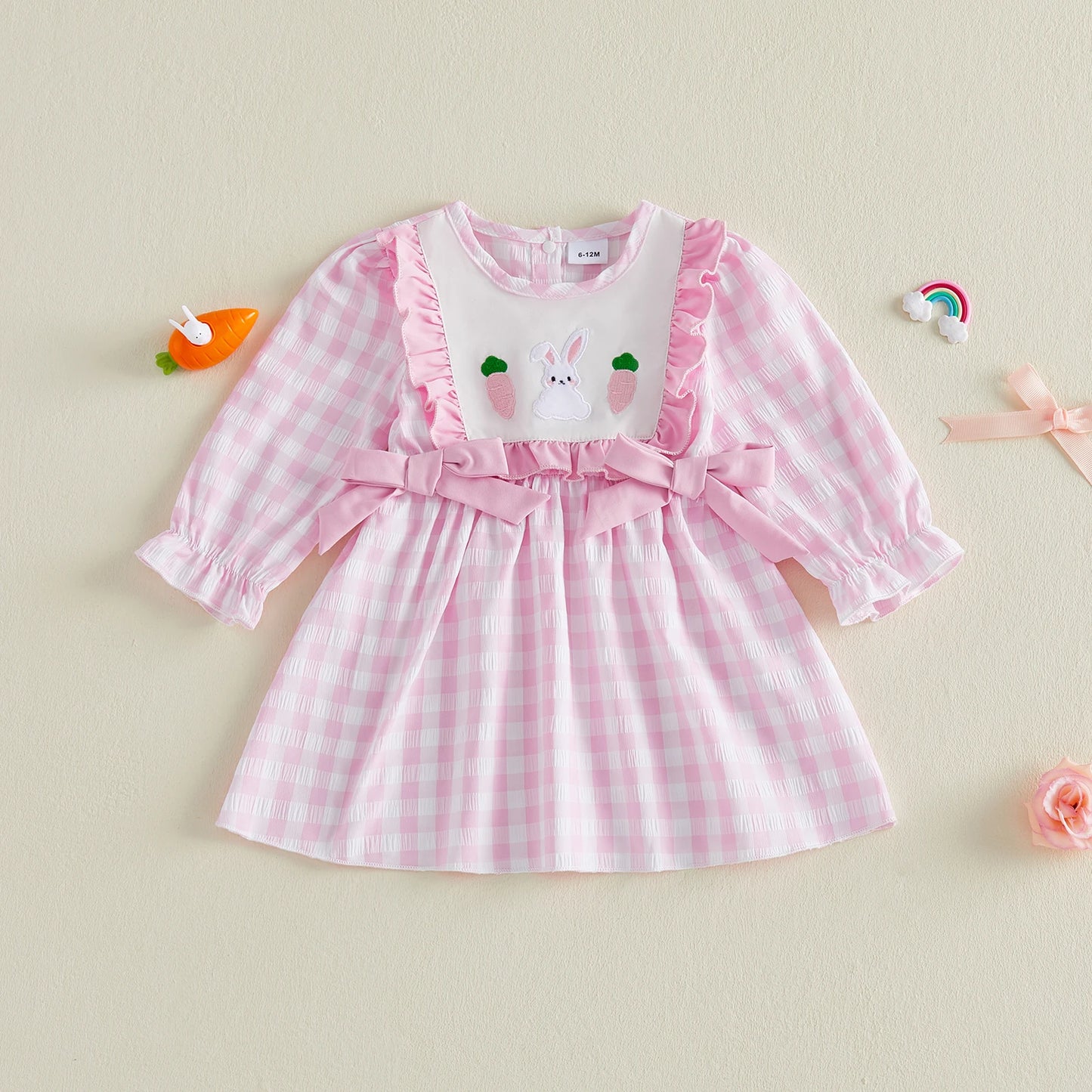 Adorable Toddler Girl Easter Dress with Plaid Bunny Carrot Embroidery