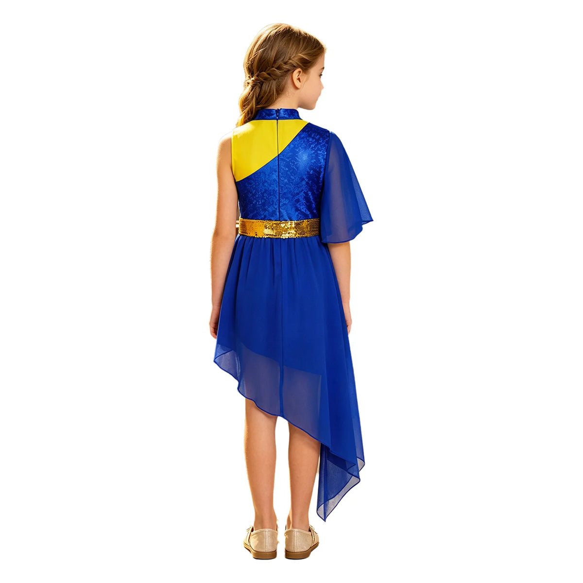 Kids Girls Lyrical Contemporary Worship Liturgical Praise Dance Dress Flare Sleeve Sequin Splice Dress Performance Costume