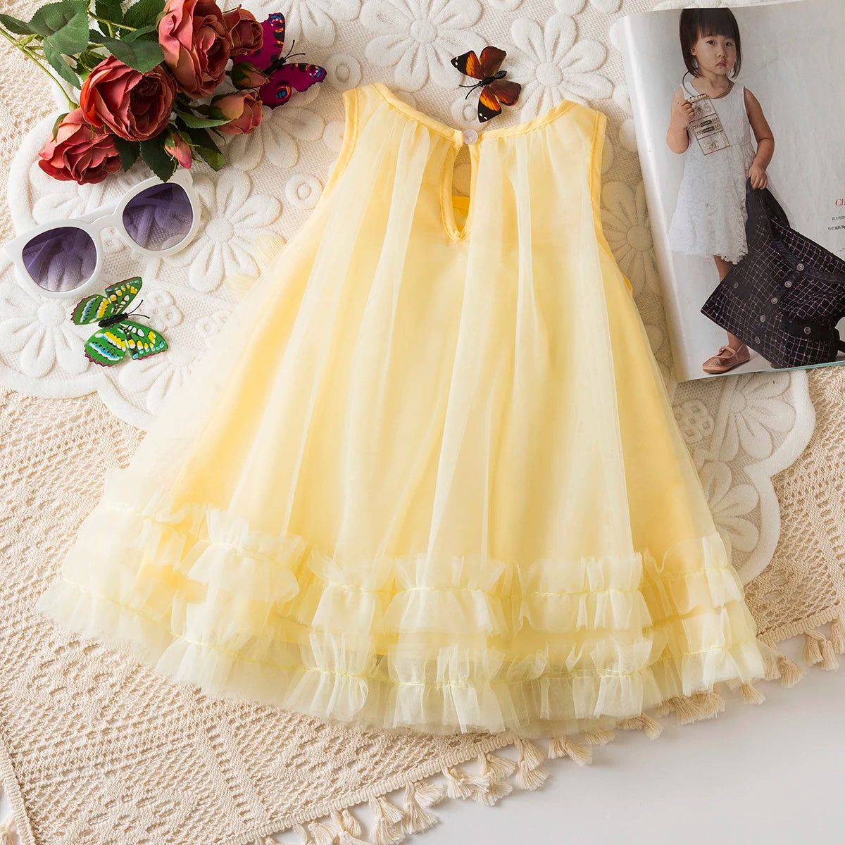 Toddler Girl Princess Pink Flower Decorated Wedding Party Dress