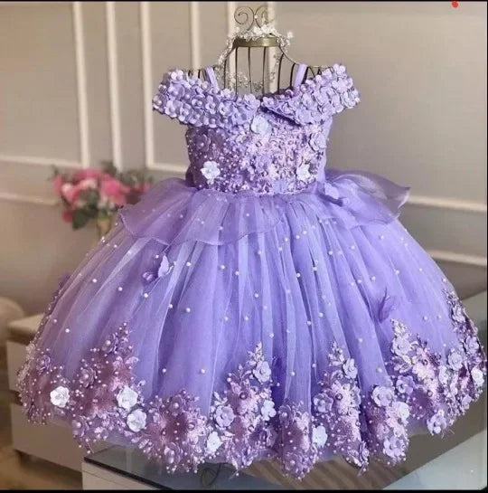 Baby Girls Dresses Off Shoulder Pearls Lace Butterflies Flower Princess Dress