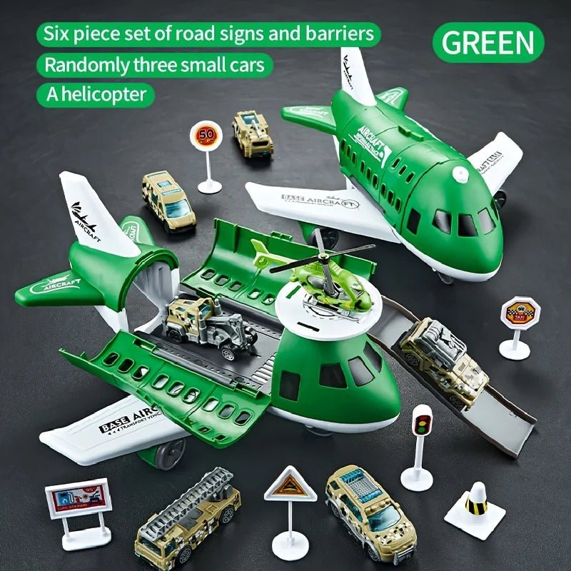 Children's Airplane Car Toy, Model Equipped with 6 Road Signs Random 3 Cars 1 Helicopter
