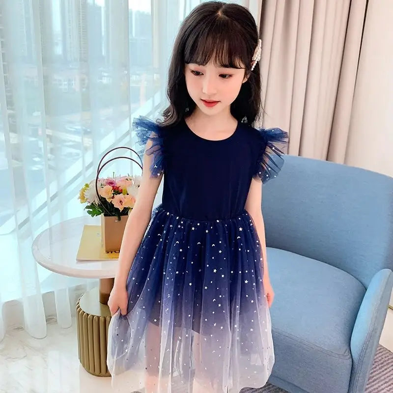Summer Sleeveless Fashion Gauze Dress Girls Starry Sky Gradient Princess Dress
