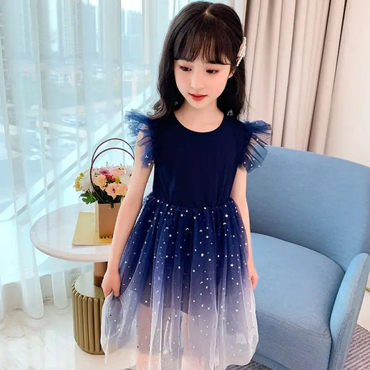 Summer Sleeveless Fashion Gauze Dress Girls Starry Sky Gradient Princess Dress