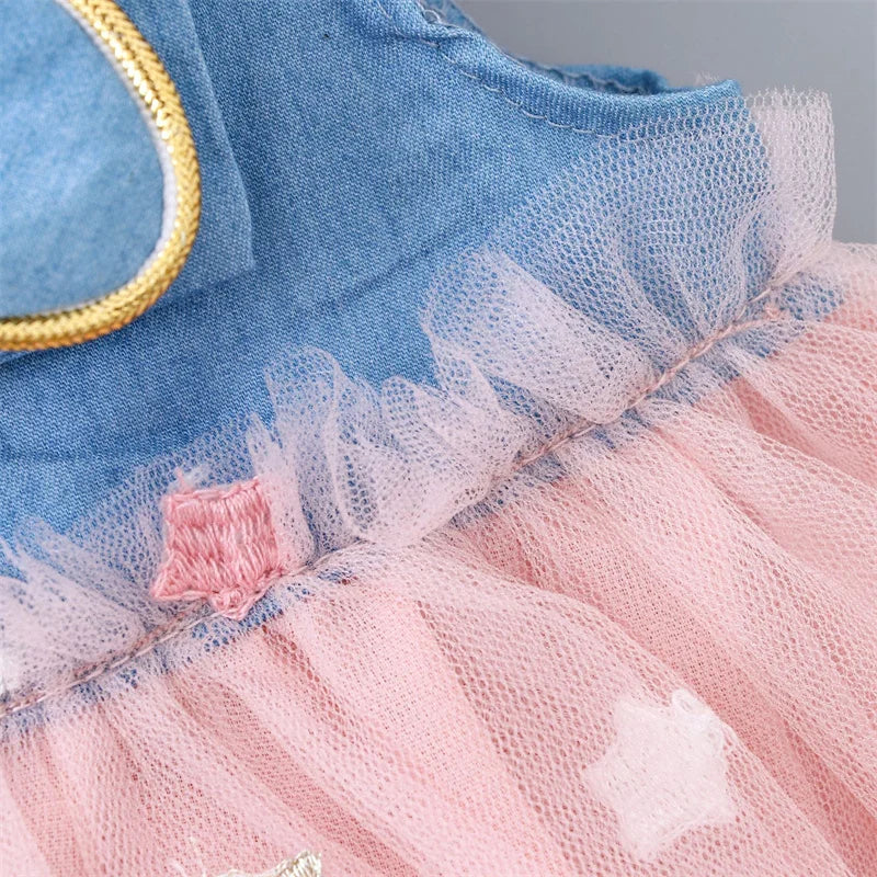 Baby Girls Dresses Summer 1-4Years Kids Tulle Dress Ruffles Sleeve Denim Cotton Mesh