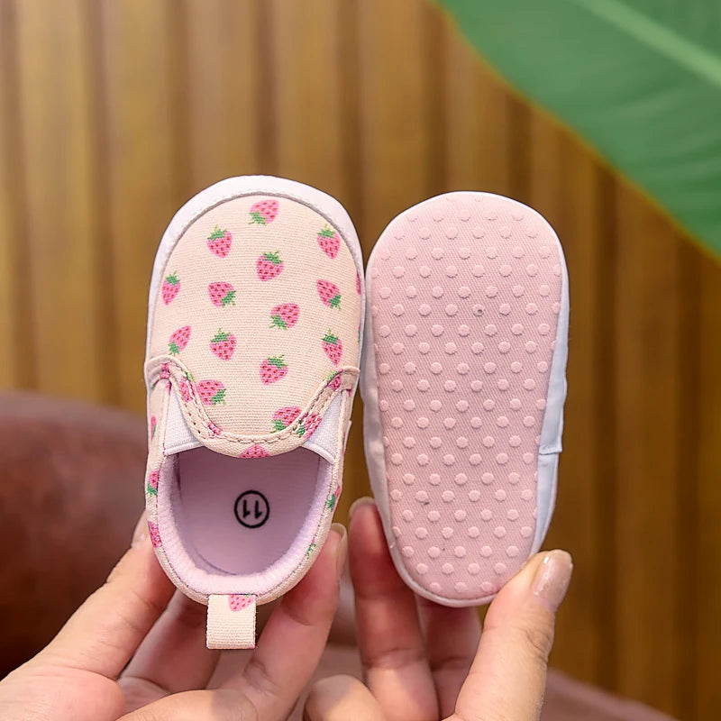 Baby Boy and Girl Toddler Shoes for Spring, Summer, and Autumn. Newborn Flat Shoes for 0-1 Year Olds, Soft-Soled Slip-Ons with Cute Fruit Patterns, Suitable for Both Indoor and Outdoor Use