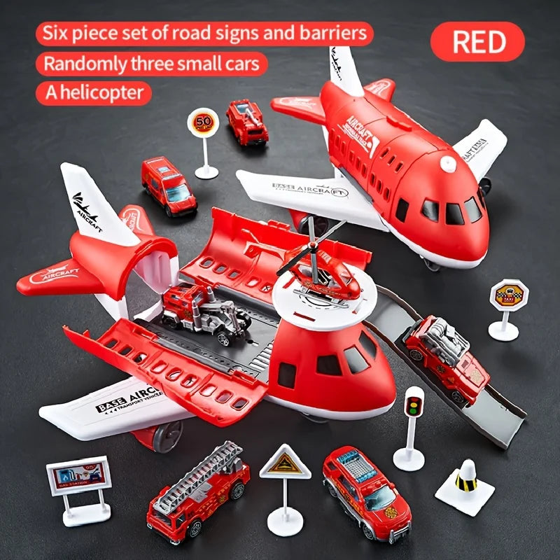 Children's Airplane Car Toy, Model Equipped with 6 Road Signs Random 3 Cars 1 Helicopter