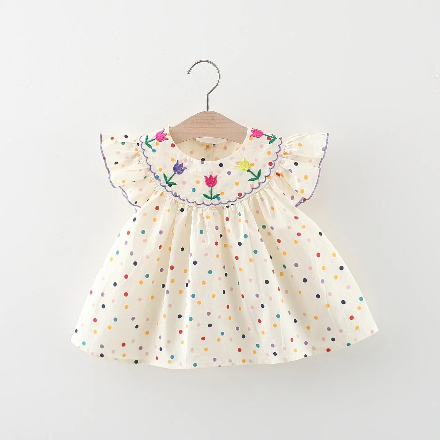 Kadia Polka Dot Baby Dress with Flower Embroidery