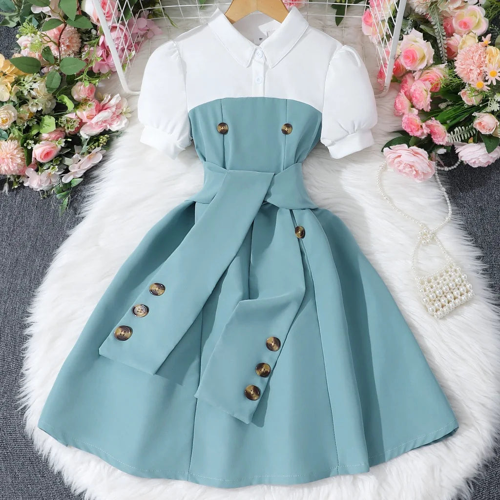 2025 Vintage Elegant Kids Girl Dress Summer Short Sleeves Graduation  Dress