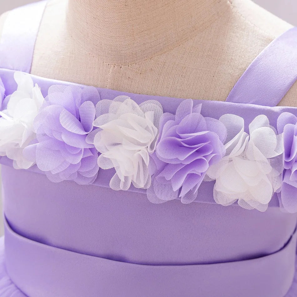 New Baby Girls 1st Princess Dress Infant Three-dimensional Flower One-word Shoulder Mesh Dress Baby Girl Performance Dress ASQ03
