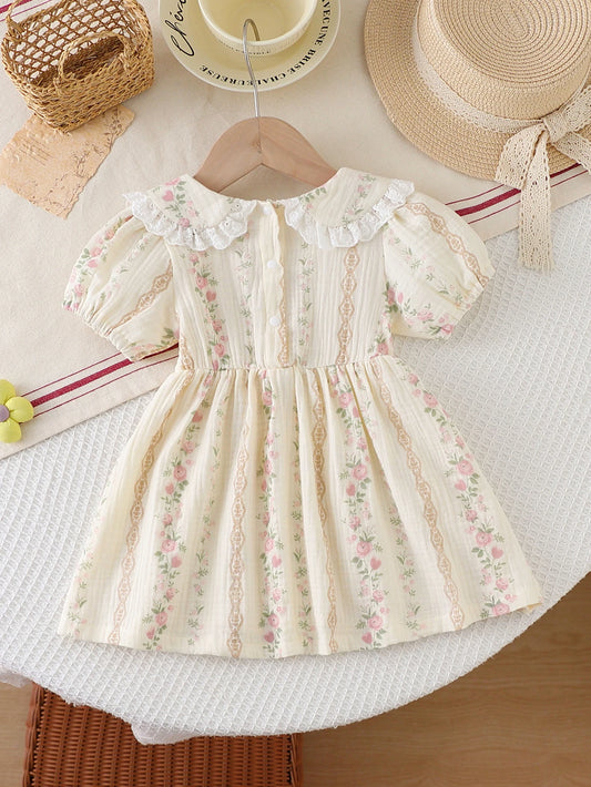 Baby Girl Summer Dress, Woven Crinkle Fabric Lapel Ruffle Waist Printed Short Sleeve Dress