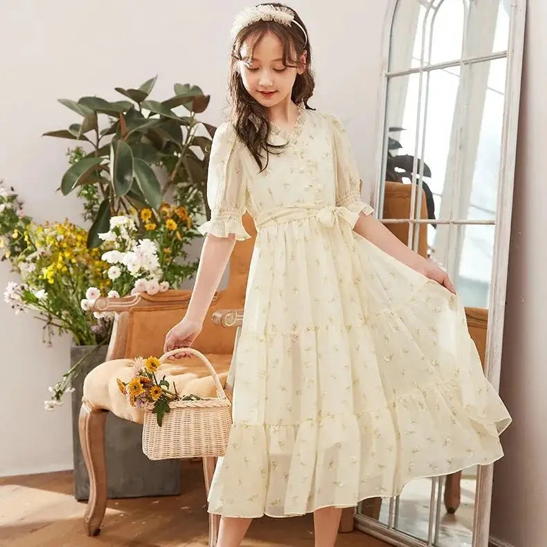Girls Summer Chiffon Floral Dress Fashion Bow Lace Elegant Girl Kids Birthday Long Dress