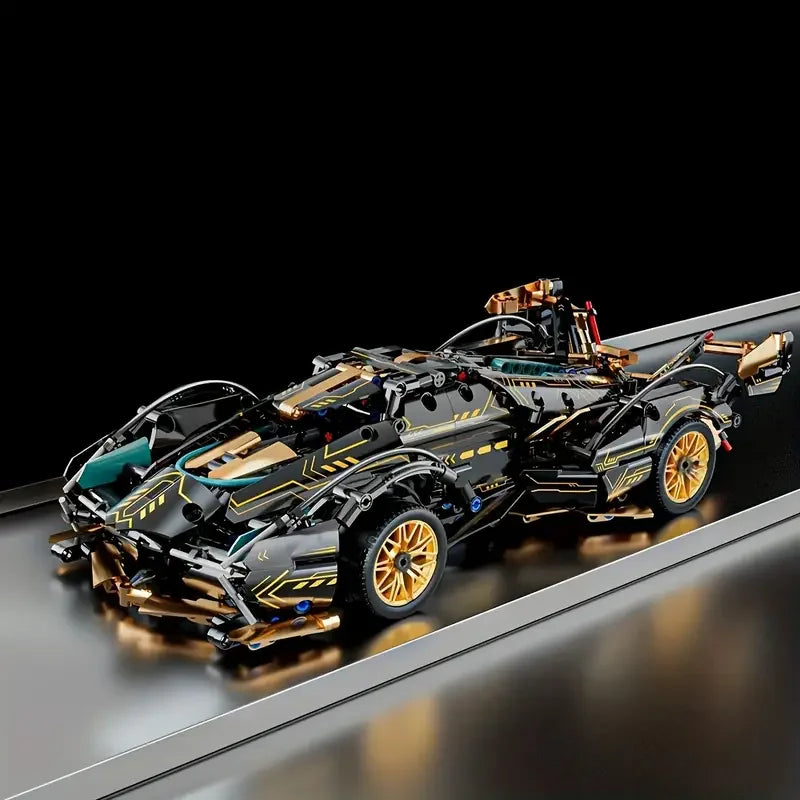 1690 Super Building Block Racing Car, V12 Building Block Car, Black and Gold Accessories, Fine Desktop Wooden Model Car, Birthday Gift