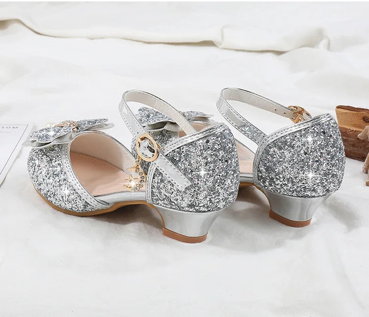 Girls' High Heels Fashion New Sequin Bow Shoes Children's Dance Single Shoes