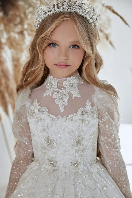 White Elegant Princess Flowers Girl Dress with Belt Lace Embroidery