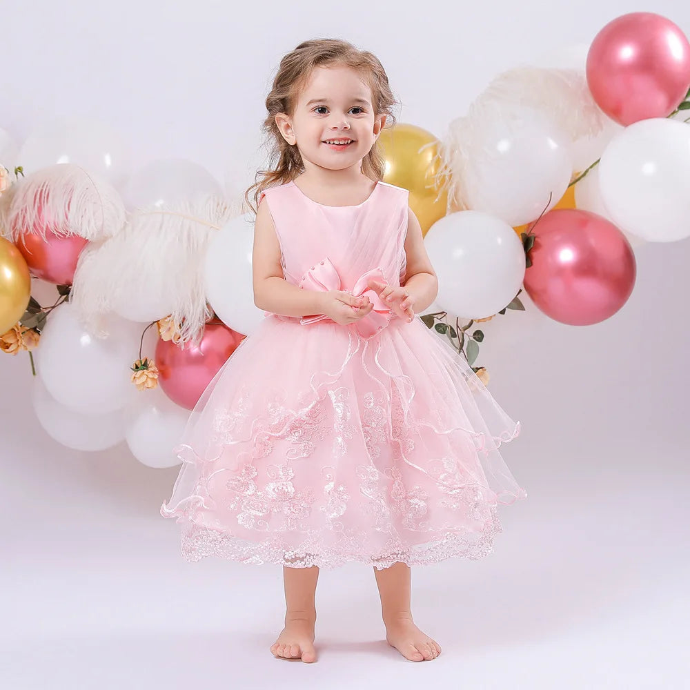 Embroidery Baby Girl Dress for Infant 6-24 Month Baby Girls First Year Birthday Dresses Beaded Flower Vestido Sleeveless Princes