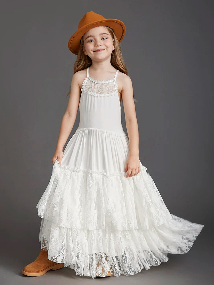 Plus Size Princess Girls Lace Long Dresses Baby Kids Flower Wedding Party