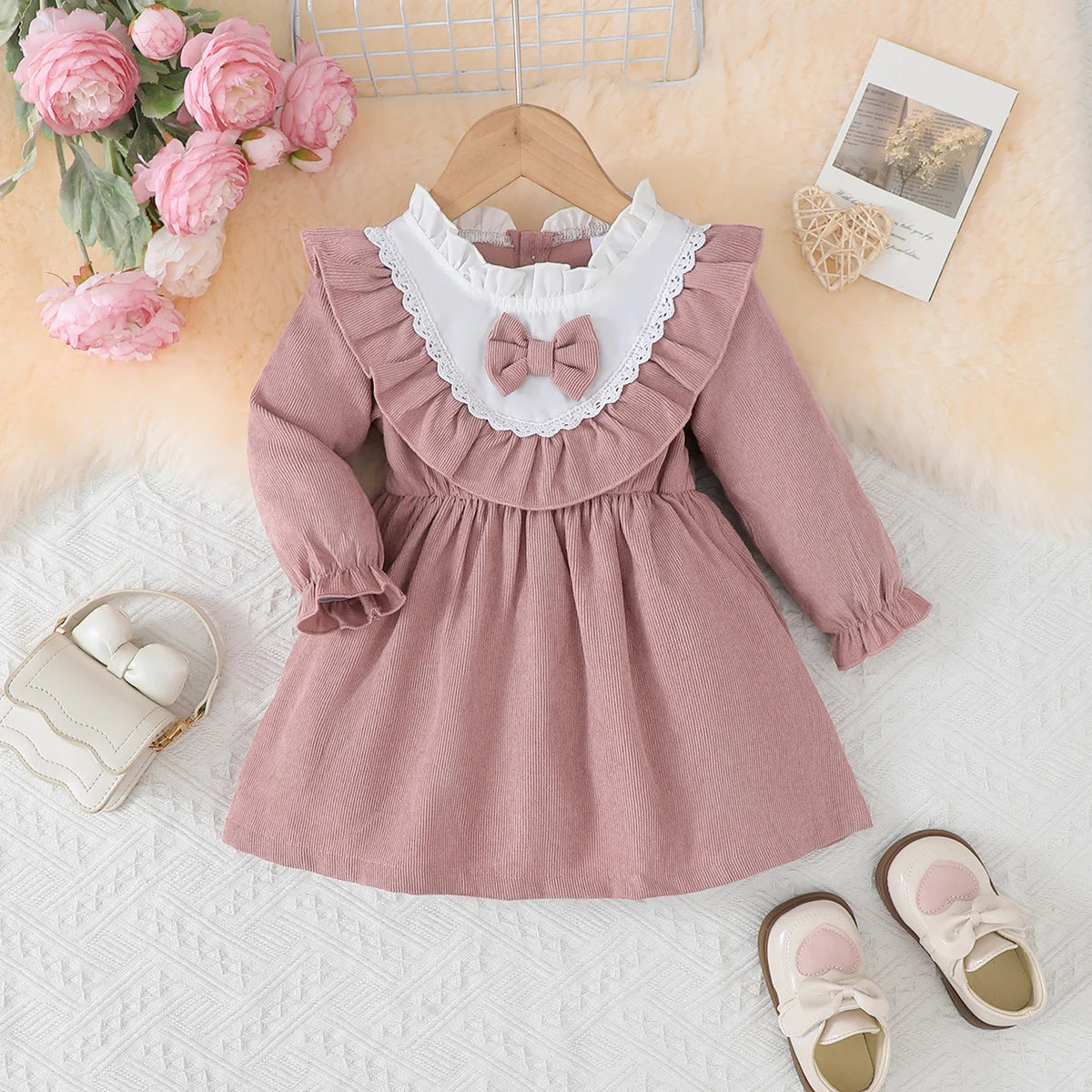 Baby Girl Dress Ruffle Edge Round Neck Color Blocked Bow Dress Suitable for Fashion Dresses for 0-3 Year Old Baby Girls