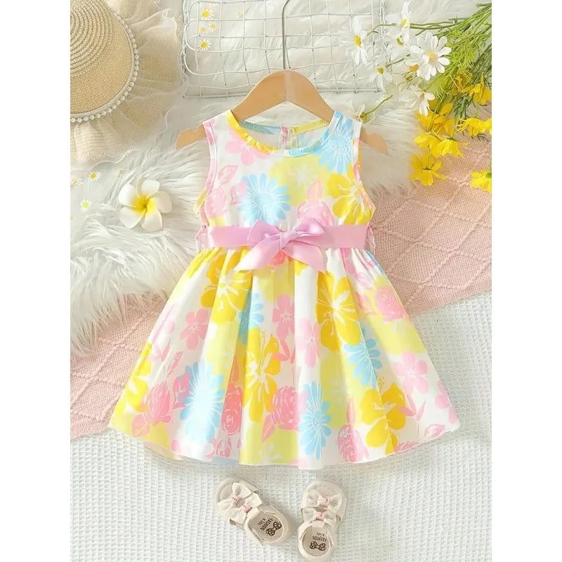 Baby Girl's Floral Print round Neck Sleeveless Dress with Pink Bow Waistband Sweet Cute Summer Casual Daily Outfit