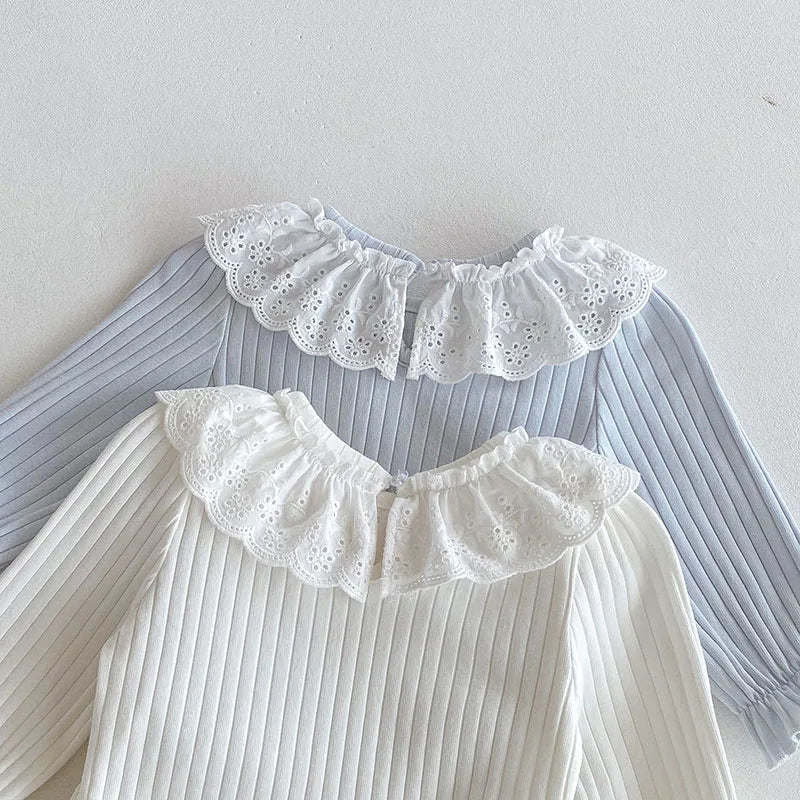 Alice Collar Ribbed Sweet Bowtie Frilly Neck Top