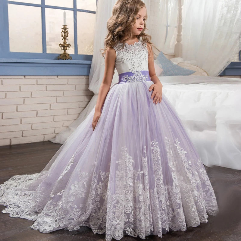 Kids Party Dress For Girls Wedding Bridesmaid Gown Lace Flower