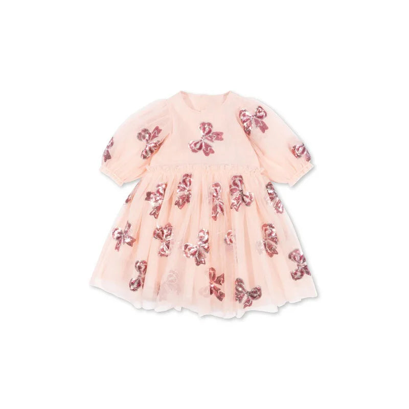 Girls' Dress 2025 Summer Danish New Cute and Fashionable Bow Sequin Princess Dress