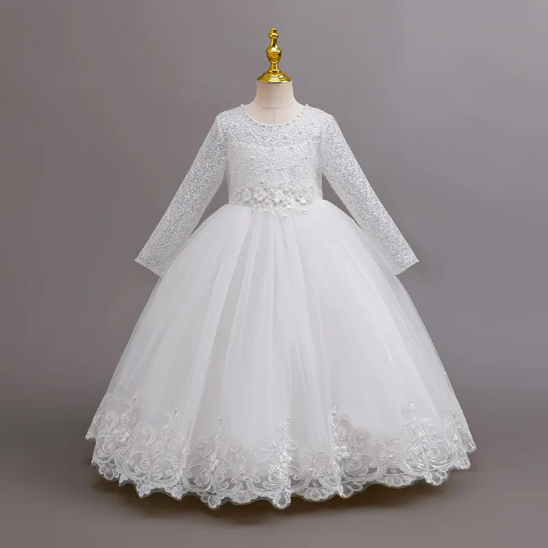 Children's Embroidered Party Evening Dress 3-12 Years Old Lace Long Sleeve White Wedding Dress