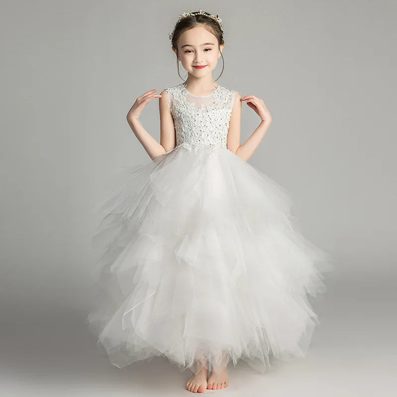 2025 Girls Catwalk Pink Flower Girl Tulle Tutu Wedding Host  Dress